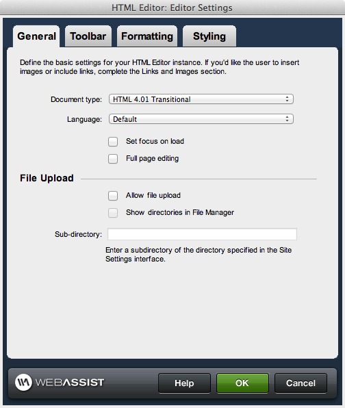 HTML Editor General tab